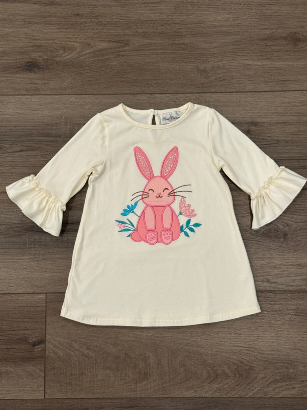 Rare Editions Cream Top with Pink Bunny and Teal Floral Accents